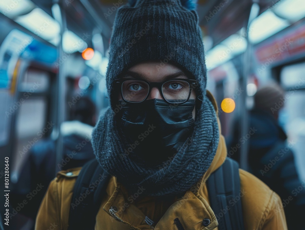 Portrait of a Man Wearing a Face Mask in a Subway