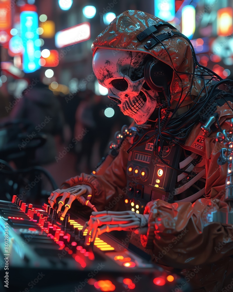 A skeleton wearing a spacesuit is playing a synthesizer in a dark alleyway. A skeleton wearing a spacesuit is playing a synthesizer in a dark alleyway.