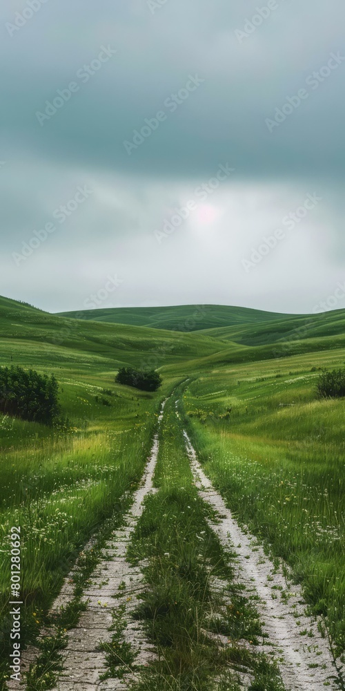 Naklejka premium Countryside dirt road through green grassy hills under cloudy sky
