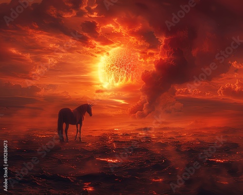 A unicorn stands in a field of lava. The sky is red and the ground is cracked. The unicorn is white and its mane is flowing in the wind. © Expert Mind
