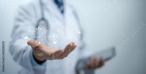 Medical worker holding virtual medical revolution with technology for future Health Advance of technology Artificial Intelligence,Transformation of innovation.AI Deep Learning for medical research.