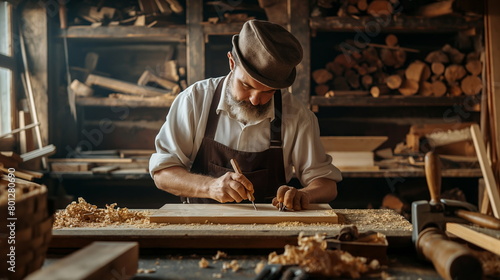 skilled carpenter in a workshop, surrounded by tools and wood shavings, crafting with precision photo