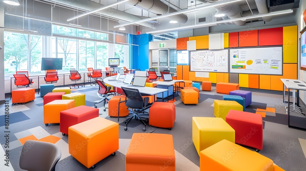 Vibrant Collaborative Workspace with Modular Furnishings and Digital Amenities