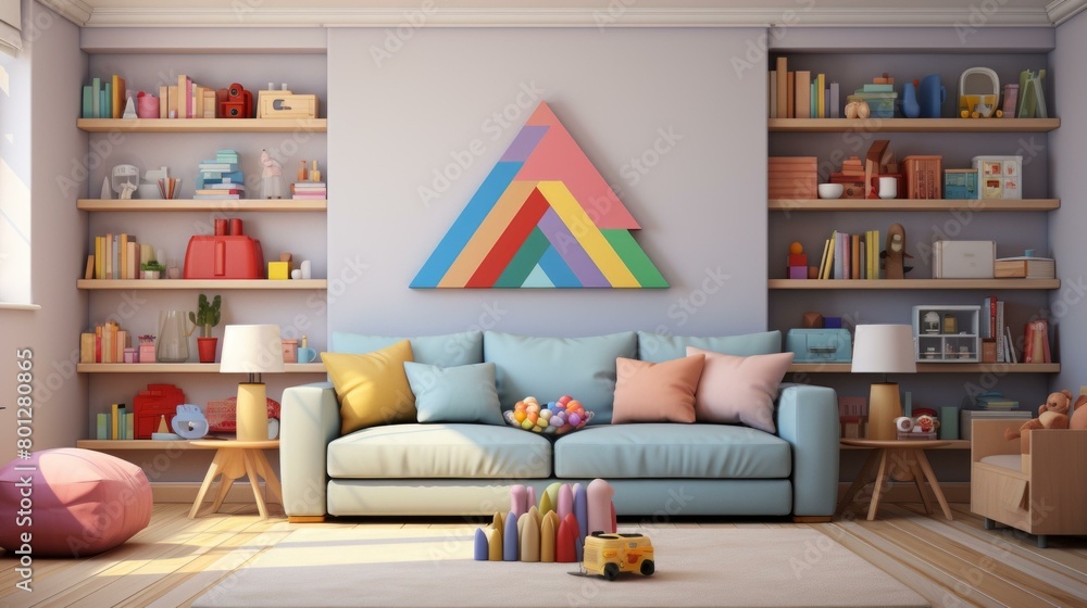 A colorful living room with a blue sofa, pink pillows, and a geometric painting on the wall