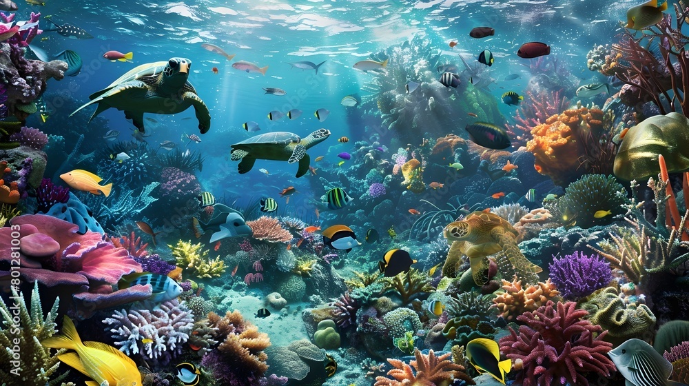 Fototapeta premium Vibrant Underwater Coral Reef Teeming with Diverse Marine Life