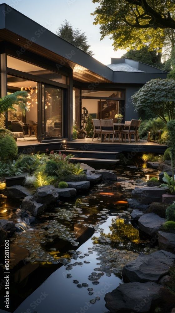 A tranquil garden oasis with a modern house