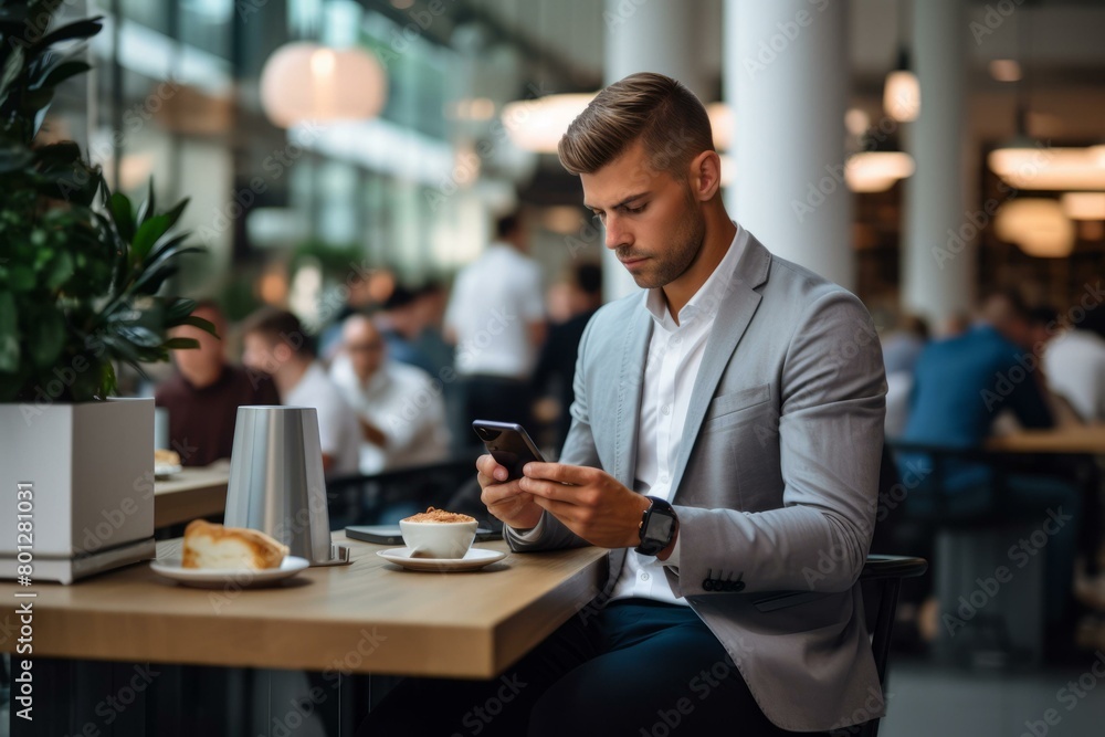 Businessman in suit jacket using smartphone in cafe