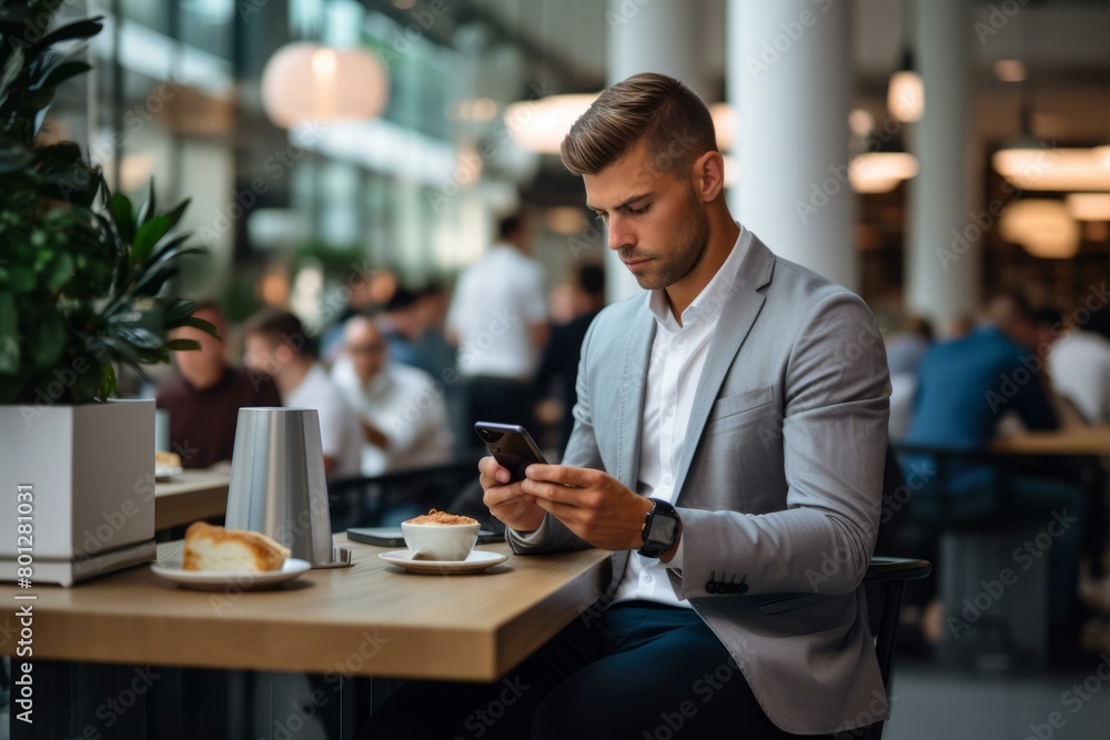 Businessman in suit jacket using smartphone in cafe Businessman in suit jacket using smartphone in cafe