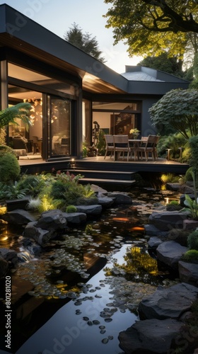 A tranquil garden oasis with a modern house © duyina1990