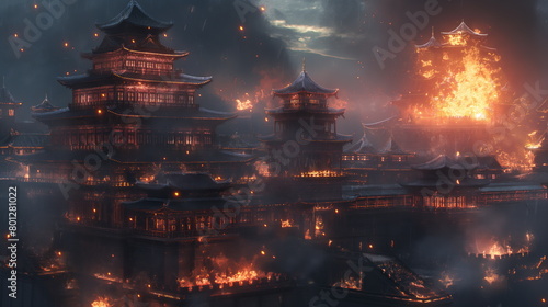 Massive fire engulfs an ancient Chinese city wall, emitting smoke and flames over tall buildings in the city