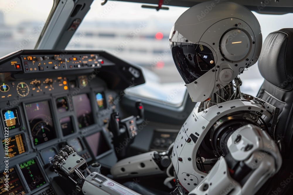Robot modern digital control of the cabin of a passenger jet airliner, aviation of the future aerospace. The concept of eliminating the human factor, fatigue, distracted attention, errors