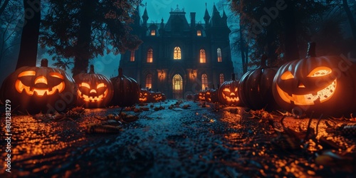 Spooky Halloween night with scary pumpkins and a haunted house in the background photo