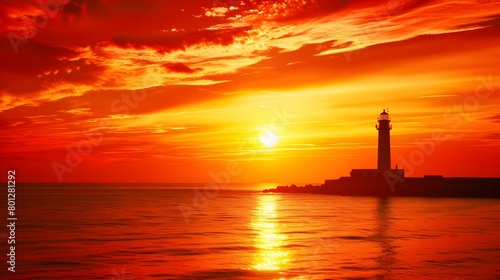 Breathtaking Ocean Sunset with Silhouetted Lighthouse Creating a Striking and Romantic Backdrop