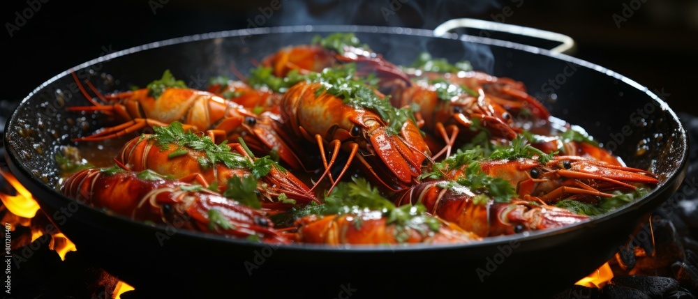 A delicious plate of shrimp cooked in a pan with parsley on top A delicious plate of shrimp cooked in a pan with parsley on top