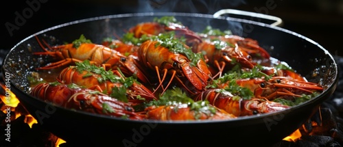 A delicious plate of shrimp cooked in a pan with parsley on top photo