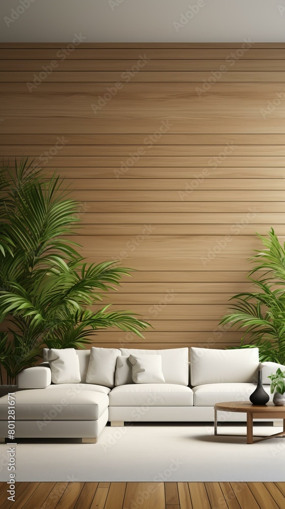 A modern living room with a white sofa and two palm trees A modern living room with a white sofa and two palm trees