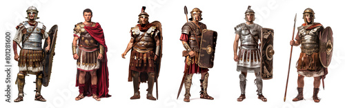 Series of Roman soldiers dressed in historical military attire, showcasing different ranks and equipment © Mars0hod