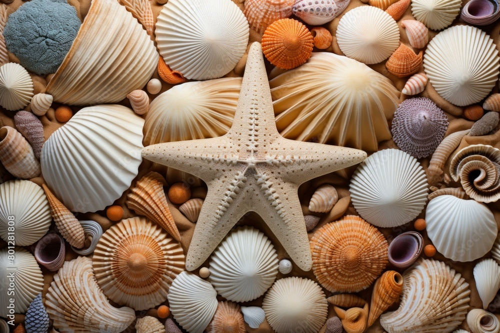 A variety of seashells and a starfish displayed on a sand background