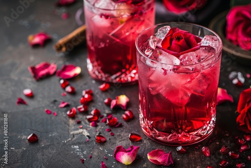 Red pomegranate cocktail garnished with dried rose petals
