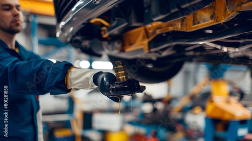 Mechanic Examining Car on Lift to Identify Oil Leak in Auto Repair Workshop