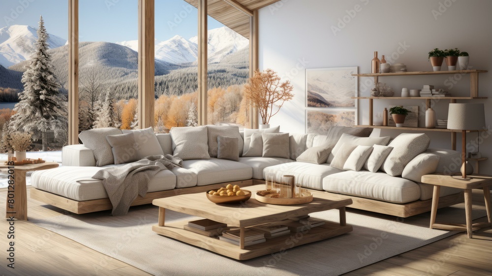 Fototapeta premium Modern Minimalist Living Room With Large Windows Overlooking Snowy Mountain Landscape