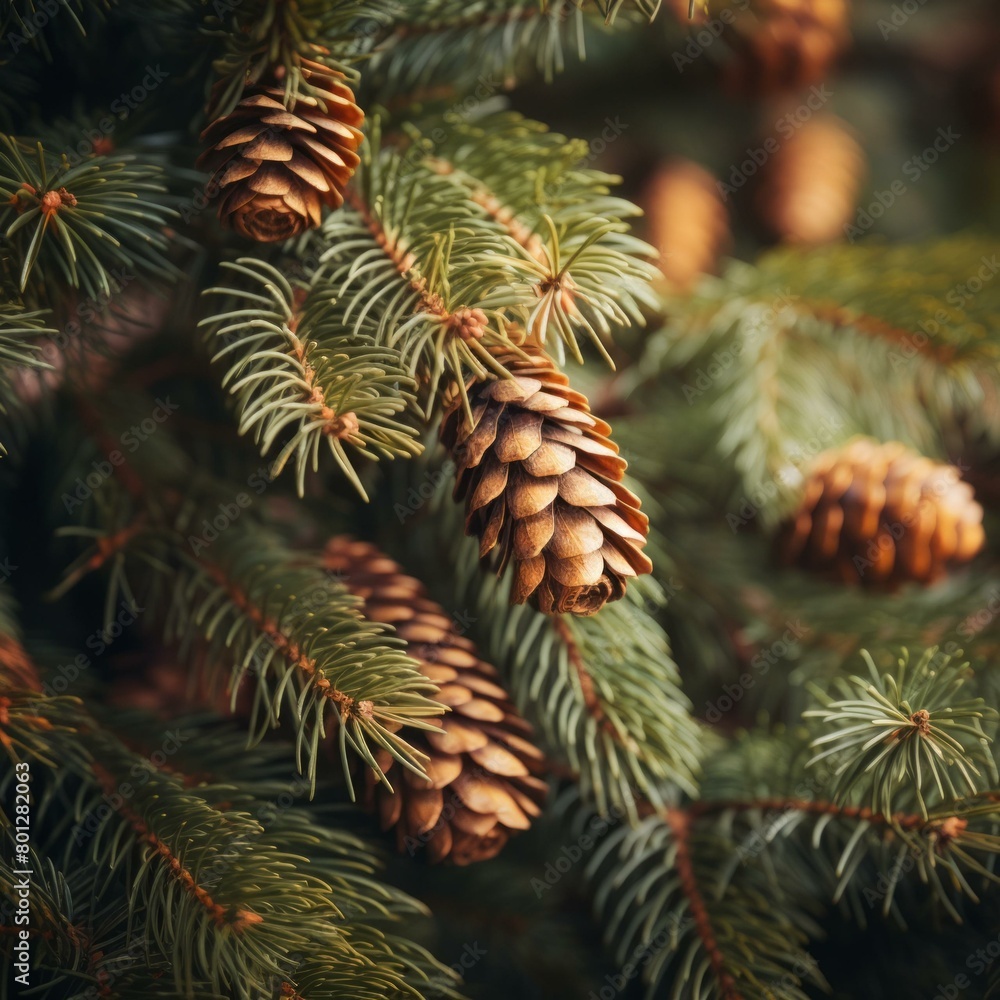 Fototapeta premium Close up of pine cones hanging on a pine tree