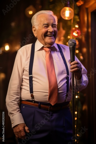 An elderly man with white hair and a pink tie is singing into a microphone. © duyina1990