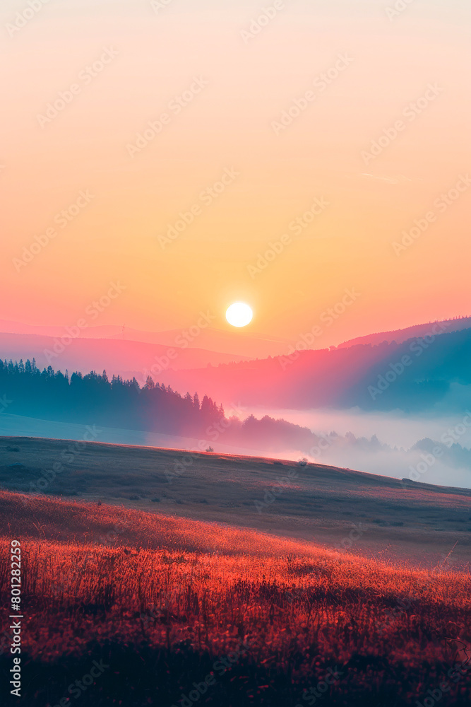 A beautiful sunset over a field with a sun in the sky