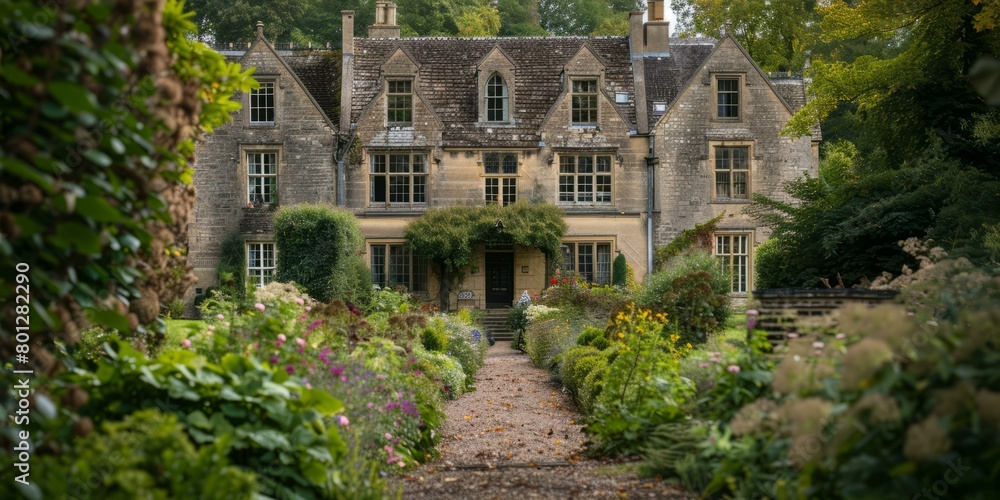 Fototapeta premium A beautiful English country house with a garden in front of it