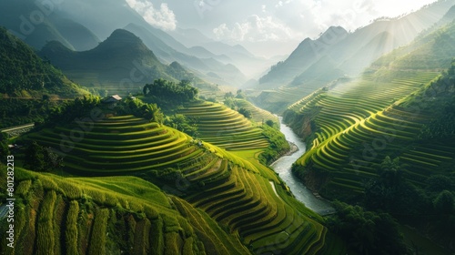 Amidst the rugged terrain of Vietnam  the breathtaking sight of terraced rice fields unfolds  cascading down the mountainsides in a stunning display of agricultural ingenuity and natural harmony.