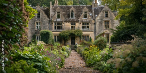 A beautiful English country house with a garden in front of it