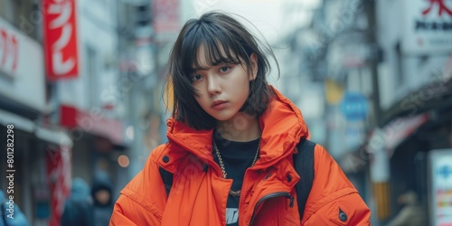 Portrait of a young woman in an orange jacket photo