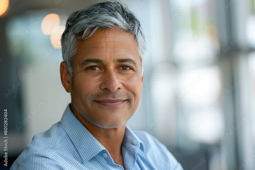 Headshot close up portrait of indian or latin confident mature good looking middle age leader, ceo male businessman on blur office background. Handsome hispanic senior business man smiling at camera. Headshot close up portrait of indian or latin confident mature good looking middle age leader, ceo male businessman on blur office background. Handsome hispanic senior business man smiling at camera.