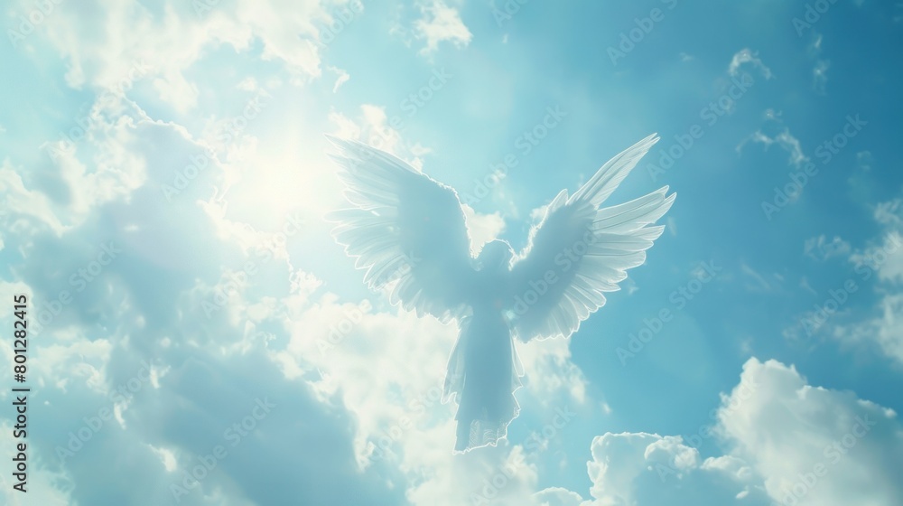 Obraz premium An angelic spirit in the blue sky amidst clouds.