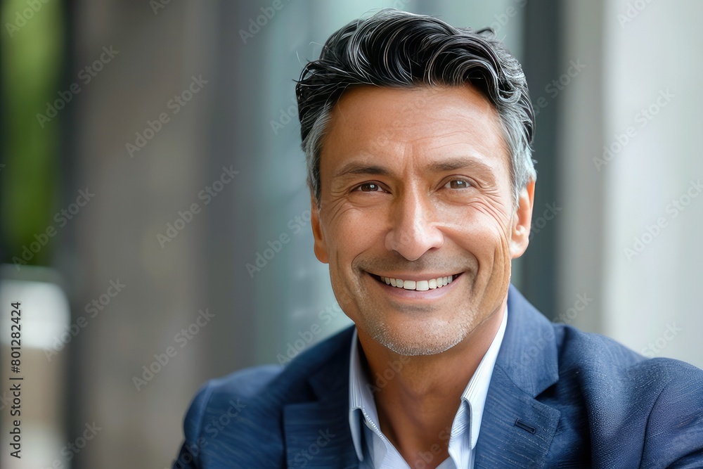 Headshot close up portrait of indian or latin confident mature good looking middle age leader, ceo male businessman on blur office background. Handsome hispanic senior business man smiling at camera. Headshot close up portrait of indian or latin confident mature good looking middle age leader, ceo male businessman on blur office background. Handsome hispanic senior business man smiling at camera.