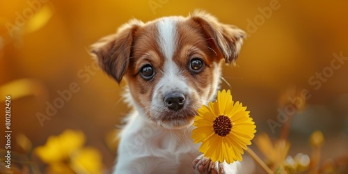 Little tricolor puppy dog with a yellow flower in its mouth