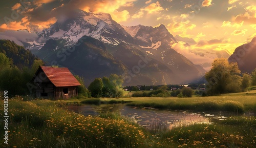 A picturesque landscape of the Carpathian Mountains at sunrise, with colorful wildflowers blooming in an open field and a rustic wooden house nestled among rolling hills