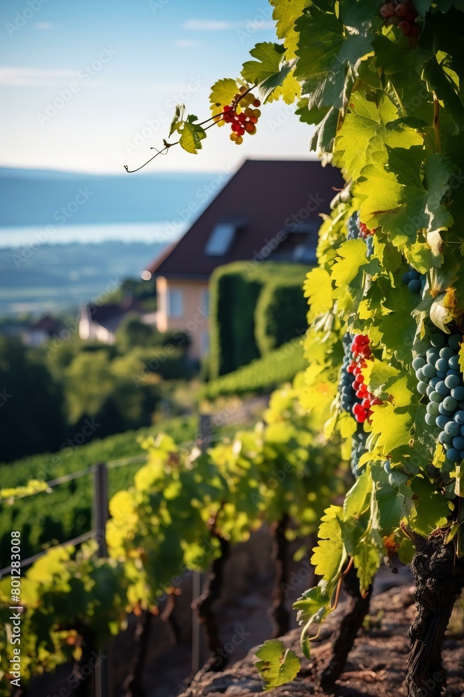 Obraz premium Grapes on the vine with a house in the background