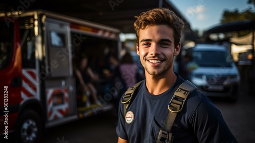 Portrait of a young male firefighter smiling in front of a fire truck
