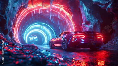 A red sports car drives through a glowing blue and red tunnel. photo