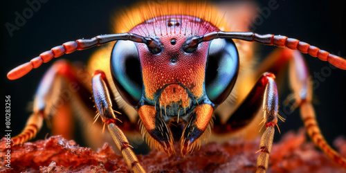 A close up of a colorful insect with a blue and green eye