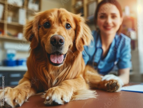 Close-up of a golden retriever dog with a veterinarian in the background