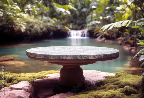 'top nature outdoor podium splay backgroundNatural spring water counter Stone summer jungle present paradise floor green tropical pedestal forest table waterfall placement product poduim dais' photo