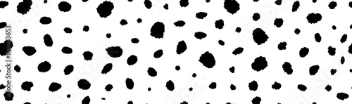 Seamless dalmatian animal horizontal pattern. Vector illustration with random ink black spots on white background. Spotted fur animal texture of dog, leopard, cow. Hipster polka dot print