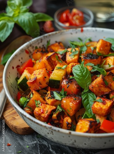 Vegan Sweet Potato Hash with Zucchini and Bell Pepper