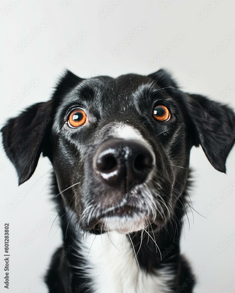 A black dog looking at the camera with its ears perked up A black dog looking at the camera with its ears perked up