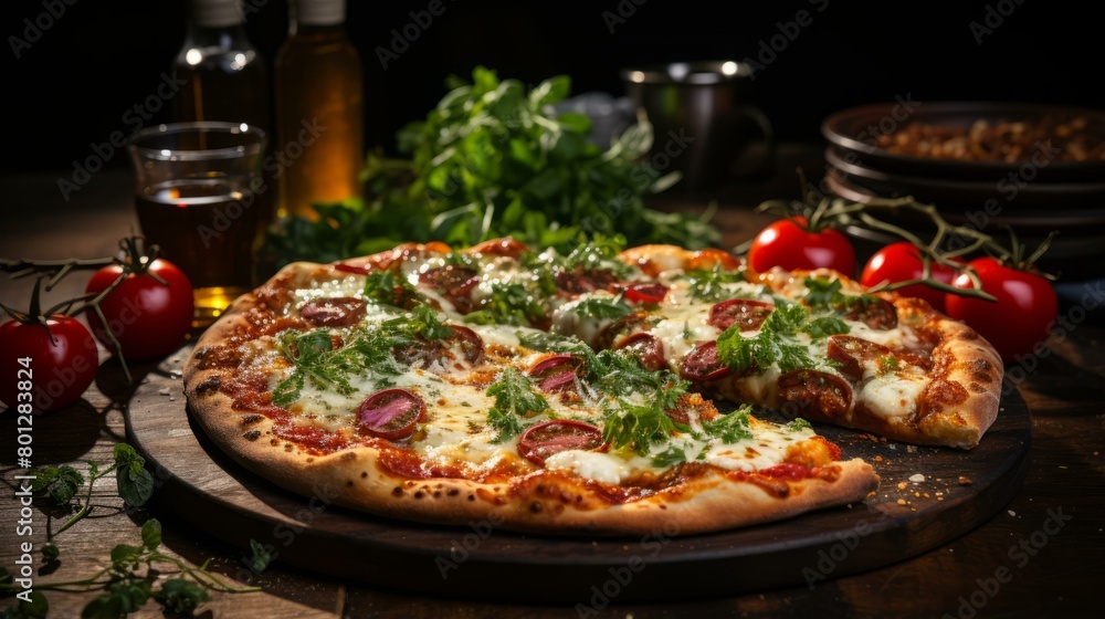 A delicious pizza sits on a table, ready to be eaten