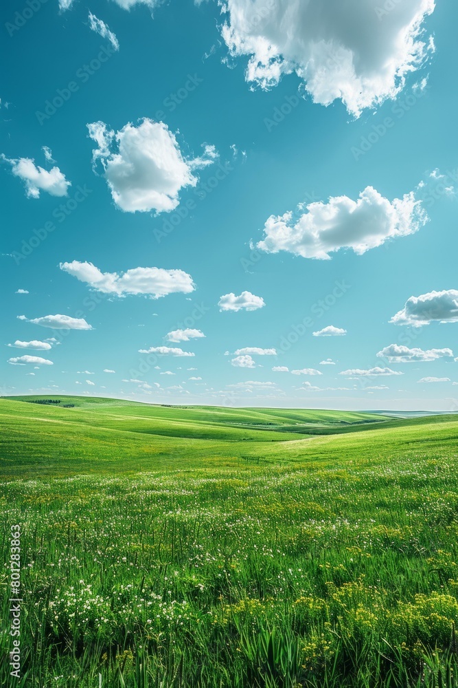 Obraz premium Green rolling hills under blue sky with white clouds