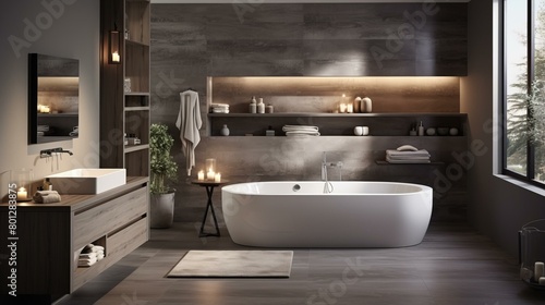 Bathroom interior with dark walls  white bathtub and wooden vanity
