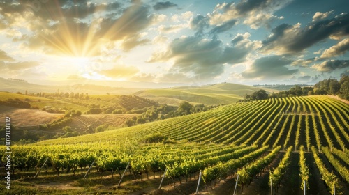 The vineyard sprawls across the landscape  its rows of grapevines basking in the sun  promising a bounty of flavorful grapes destined to become exquisite wines.